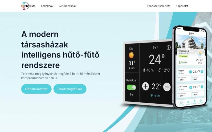 SBM Fizikus — wall-mounted climate panel and resident mobile app showing per-room temperature control.